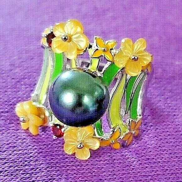 Genuine 10mm Tahitian Black Pearl, Garnet, Mother of Pearl Enamel Cockta… - Picture 1 of 8